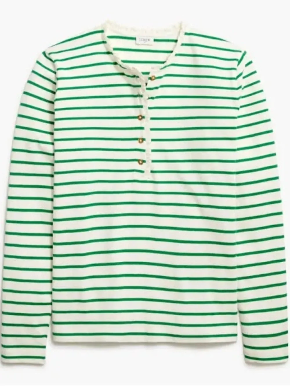 J. Crew Striped Green and White Ruffleneck Henley Top small
